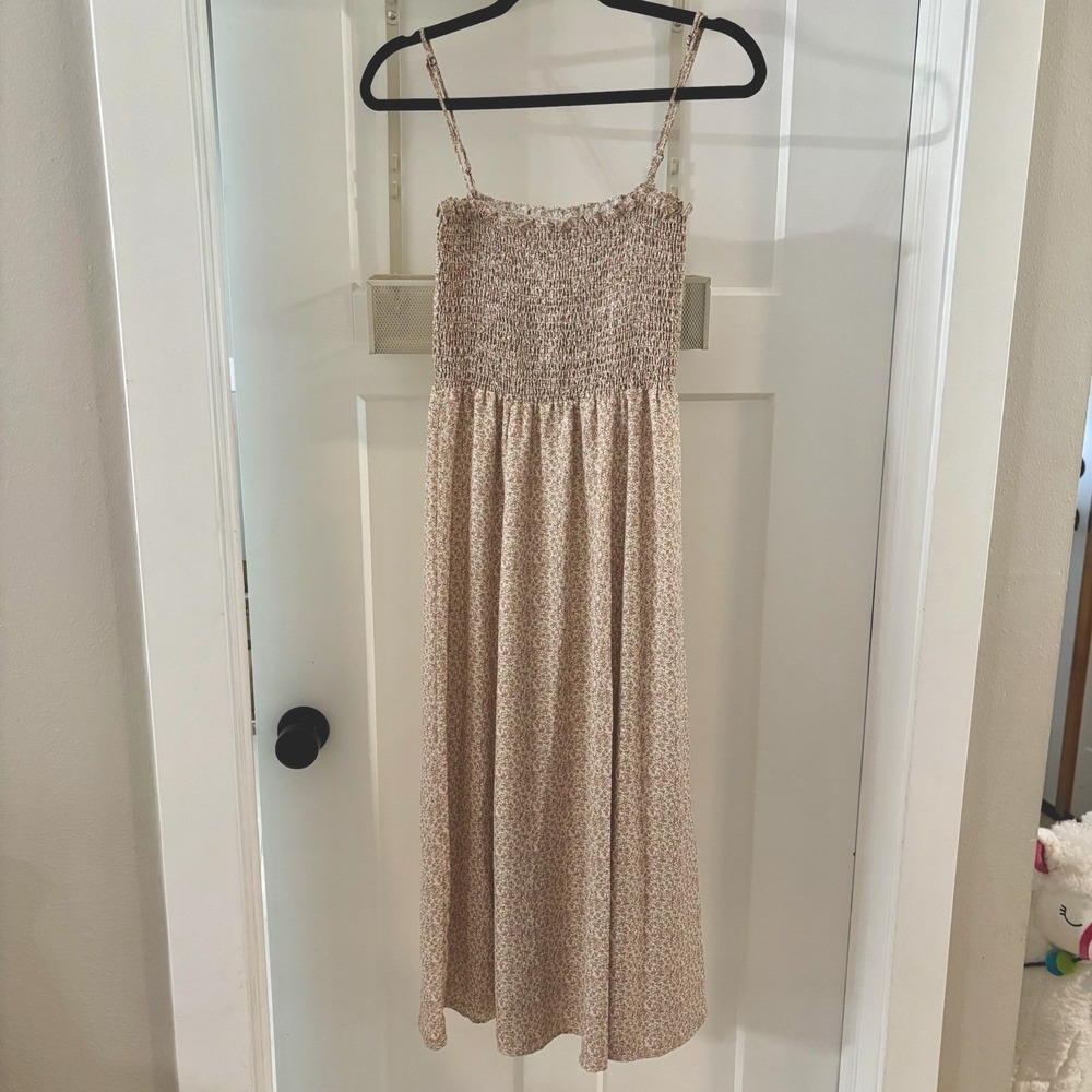 RESA Beige Floral Smocked Midi Dress